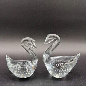 Pair Vintage Bullicante Clear Art Glass Swan Paperweight Figurine Jasco Bubbles